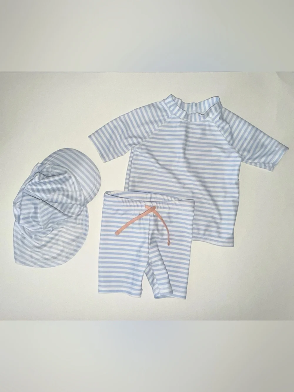 H&M Baby Blue & White Striped Swim Suit Set with Hat 9-12 months